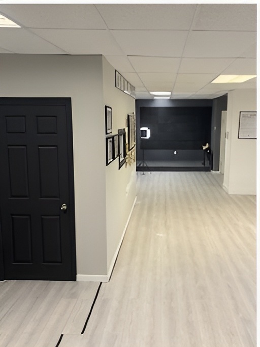 Hallway with black door and framed art wall